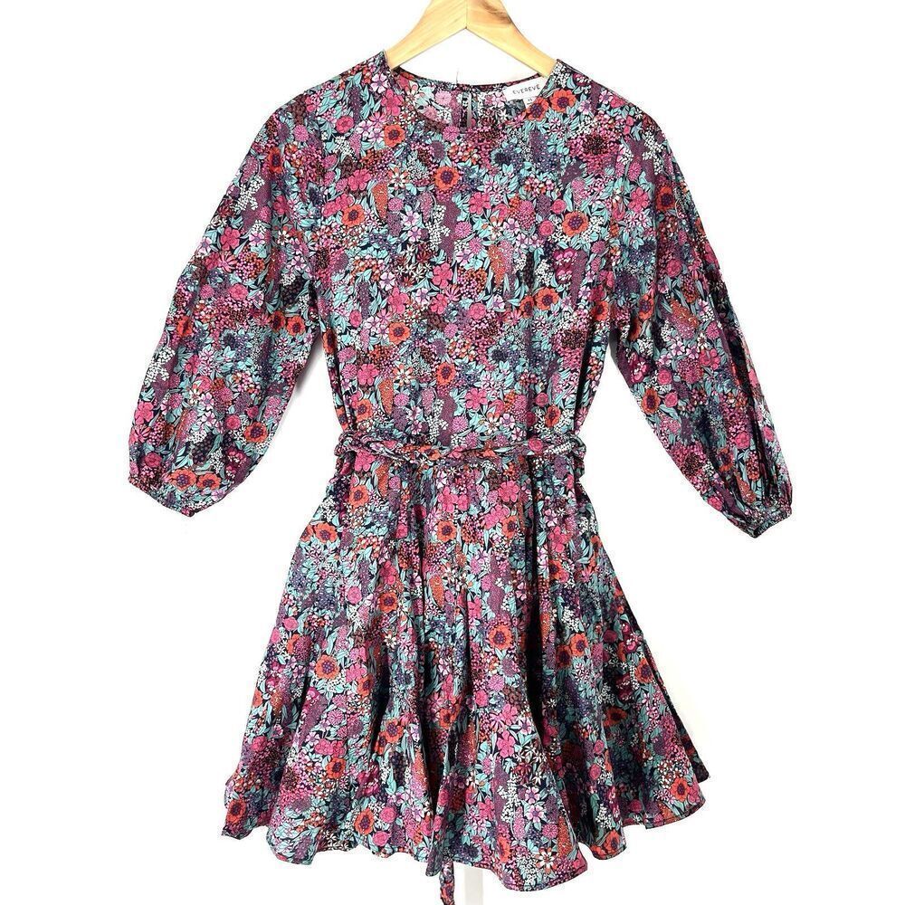 Evereve Sutton Dress Size Xs Womens Pink Navy Belted Floral Puff Sleeve Prairie